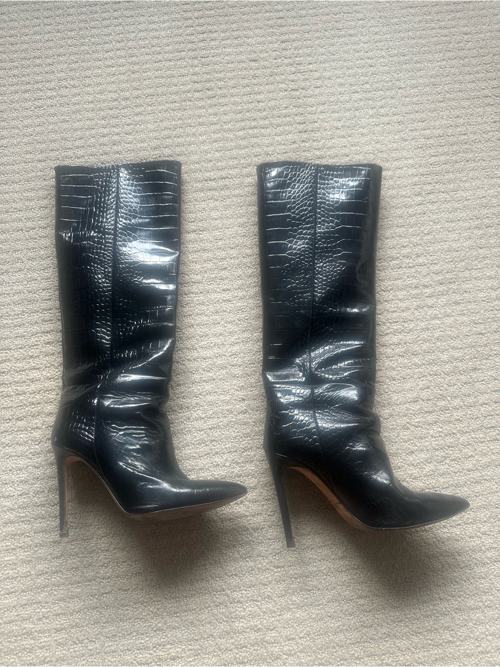 Paris Texas Black Croc print Knee-High Stiletto Boots